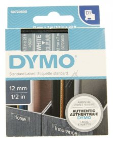 Dymo Colour Cartridge - S0720600 Label Tape White On Transparent 12mm-7m Dymo D1 Tape