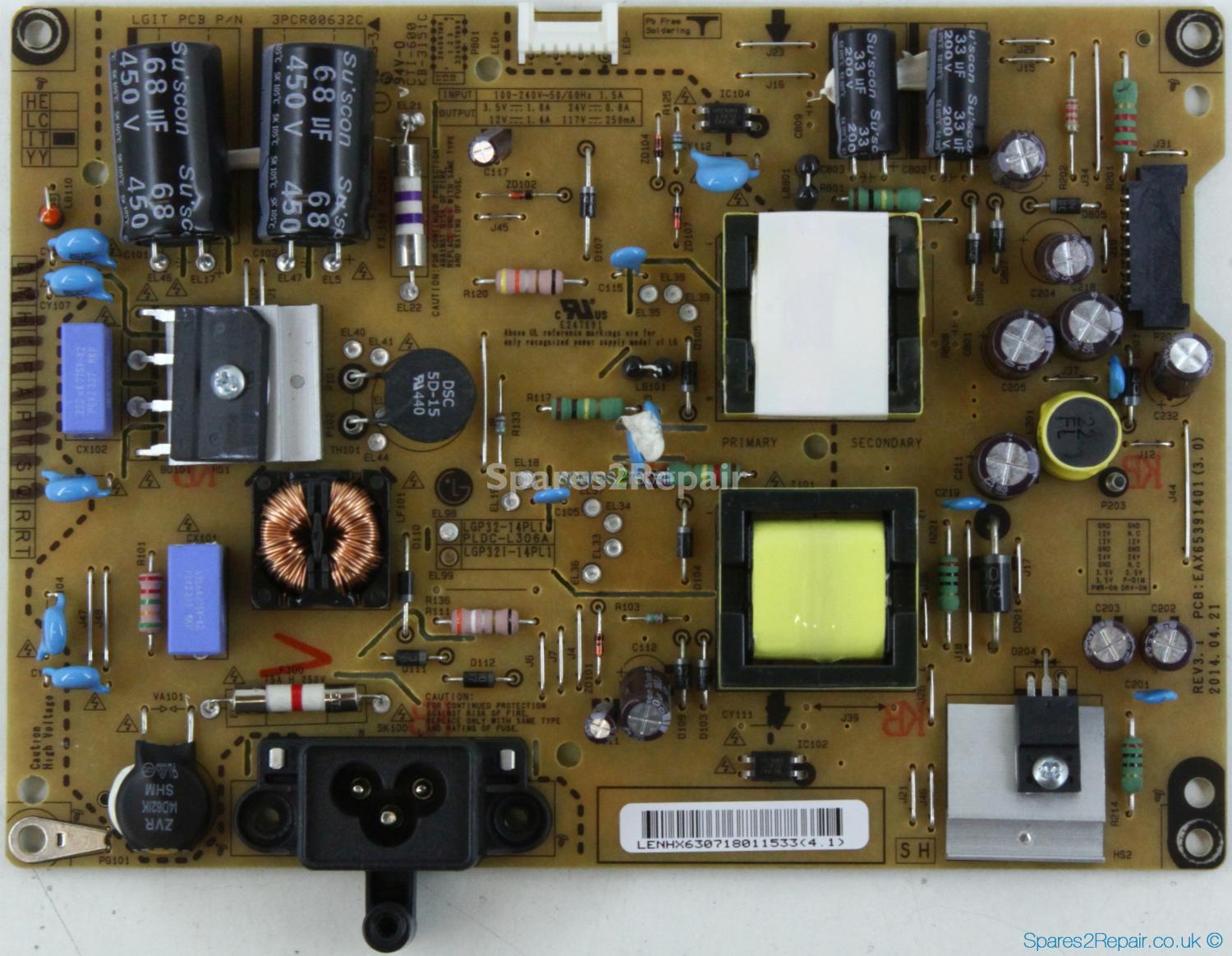 LG 32LB650V-ZN - Power Supply - EAY63071801 - EAX65391401 (3.0) - REV3.1 - 3PCR00632C - LGP32-14PL1 - PLDC-L306A