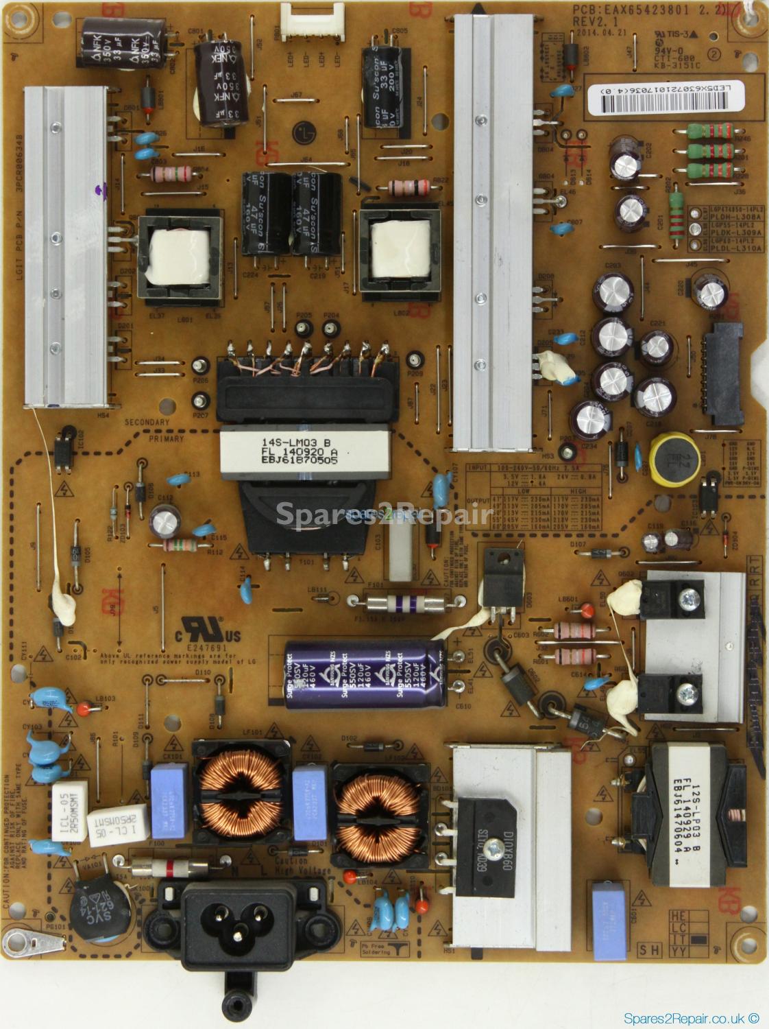 LG 55LB561V - Power Supply - EAY63072101 - EAX65423801(2.2) - REV2.1 - 3PCR00634B - LGP55-14PL2 - PLDK-L309A