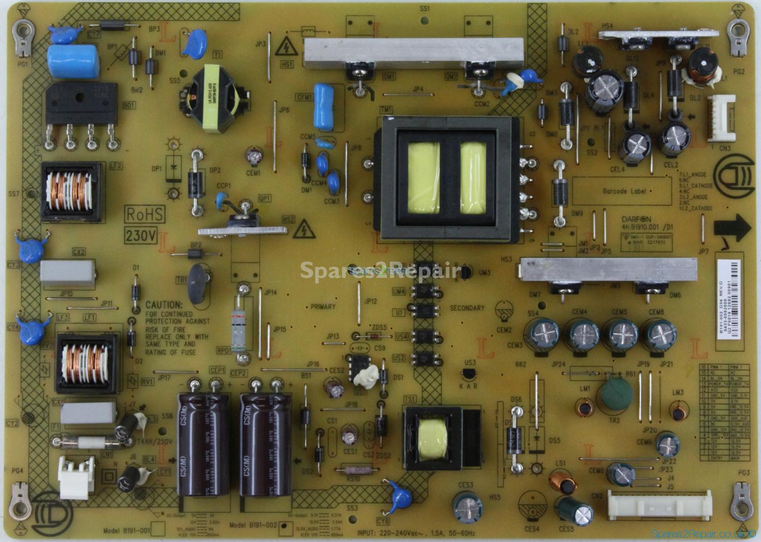 Toshiba 50L4353D - Power Supply - 4H.B1910.001 /D1 - B191-002 D34 - REV.D - 0433-0082000