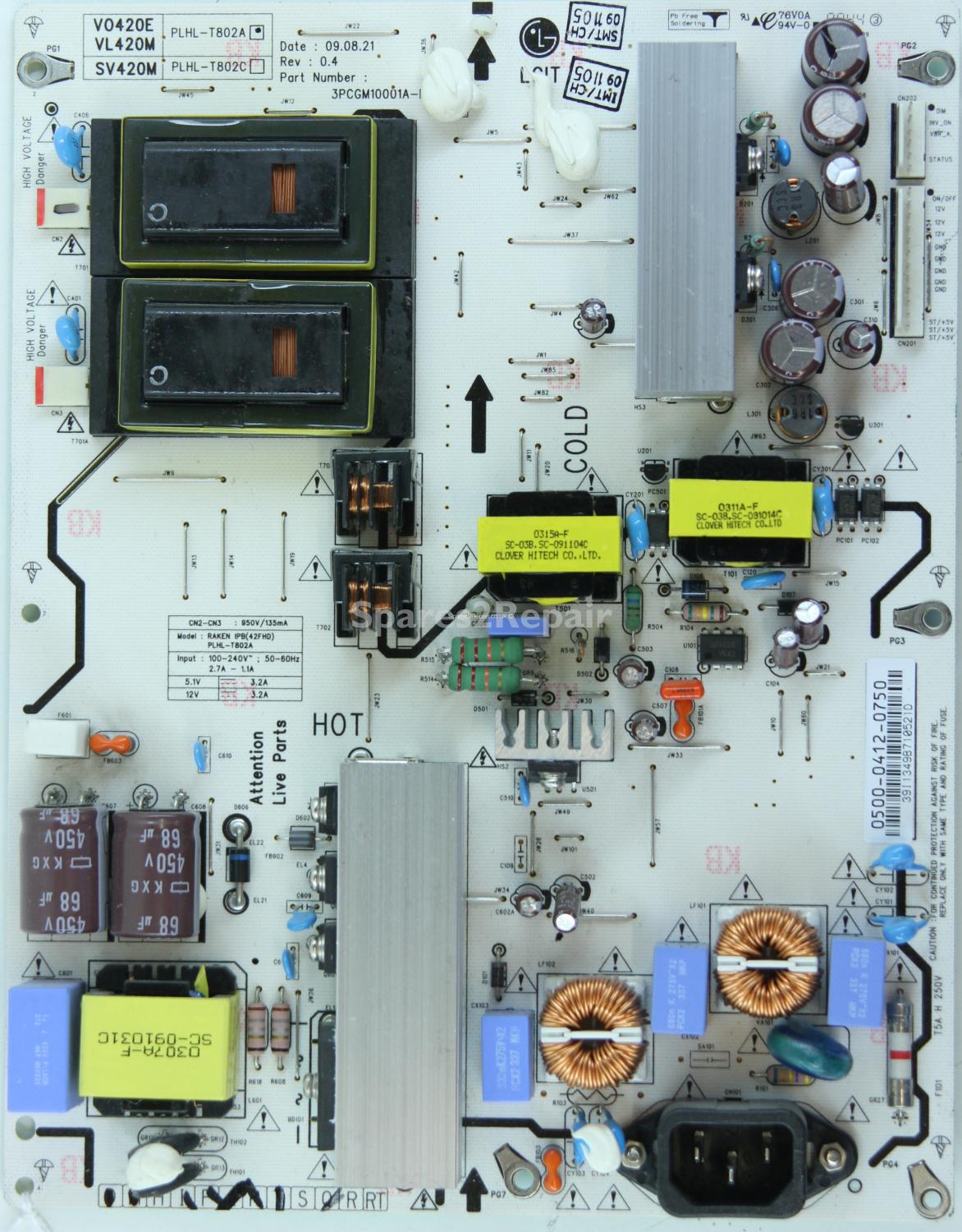 Vizio VL420M - PSU - 0500-0412-0750 - 39I1349B710521D - 3PCGM10001A-R - Rev:0.4 - PLHL-T802A